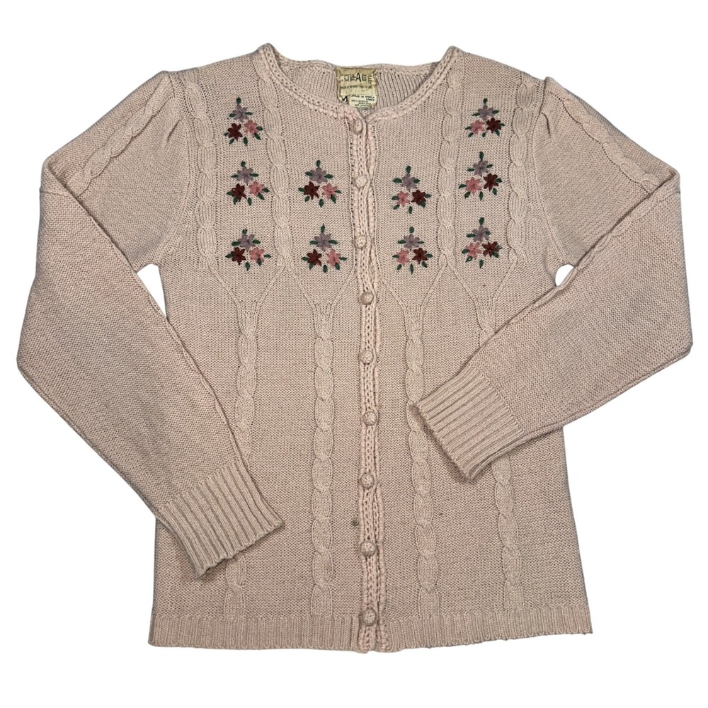 Vintage 70s Pink Cable Knit Floral Embroidered Cardigan Sweater Puff Sleeve M